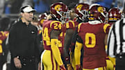 Nov 23, 2024; Pasadena, California, USA; USC Trojans head coach Lincoln Riley during the fourth quarter against the UCLA Bruins at Rose Bowl. Mandatory Credit: Robert Hanashiro-Imagn Images