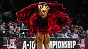 Mar 16, 2024; Brooklyn, NY, USA;  The Saint Joseph's Hawks mascot at Barclays Center. Mandatory Credit: Wendell Cruz-Imagn Images