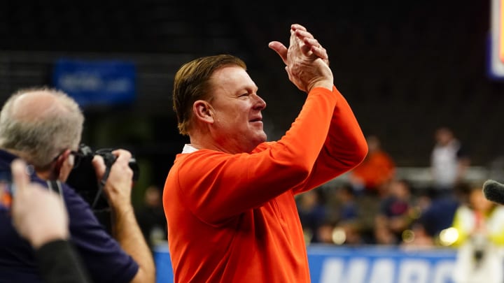 Mar 23, 2024; Omaha, NE, USA; Illinois Fighting Illini head coach Brad Underwood gestures after the game against the Duquesne Dukes of the second round of the 2024 NCAA Tournament at CHI Health Center Omaha. Mandatory Credit: Dylan Widger-USA TODAY Sports