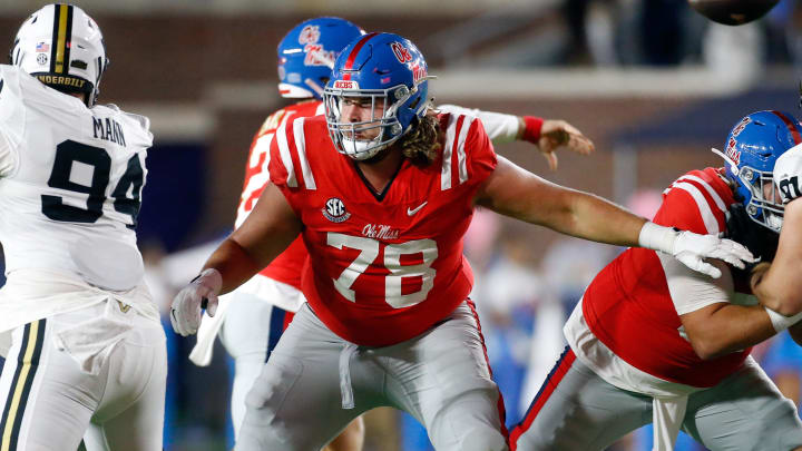 Oct 28, 2023; Oxford, Mississippi, USA; Mississippi Rebels offensive linemen Jeremy James (78) blocks during the first half against the Vanderbilt Commodores at Vaught-Hemingway Stadium. Mandatory Credit: Petre Thomas-Imagn Images