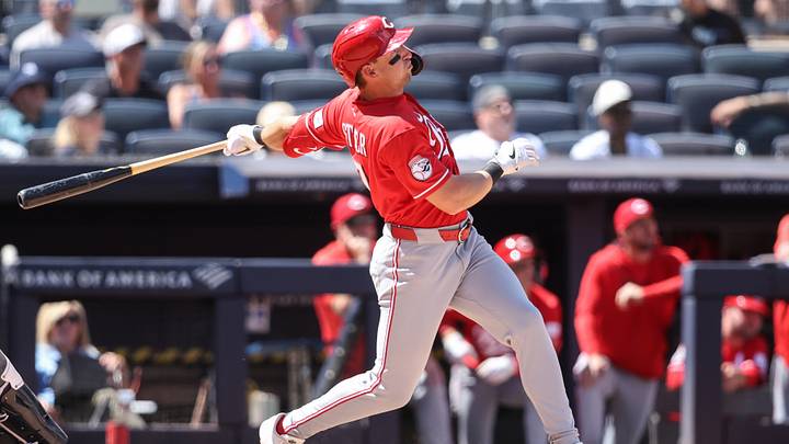Jun 20, 2026; Bronx, New York, USA; Cincinnati Reds first baseman Spencer Steer (7) hits a three-run home run in the fifth inning against the New York Yankees at Yankee Stadium. Mandatory Credit: Wendell Cruz-Imagn Images