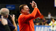 Mar 23, 2024; Omaha, NE, USA; Illinois Fighting Illini head coach Brad Underwood gestures after the game against the Duquesne Dukes of the second round of the 2024 NCAA Tournament at CHI Health Center Omaha. Mandatory Credit: Dylan Widger-Imagn Images