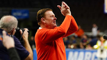 Mar 23, 2024; Omaha, NE, USA; Illinois Fighting Illini head coach Brad Underwood gestures after the game against the Duquesne Dukes of the second round of the 2024 NCAA Tournament at CHI Health Center Omaha. Mandatory Credit: Dylan Widger-Imagn Images