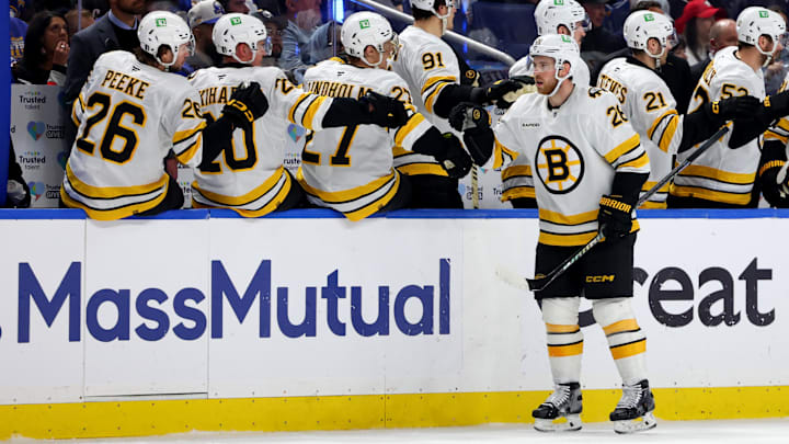 Apr 28, 2026; Buffalo, New York, USA; Boston Bruins center Elias Lindholm (28) celebrates his goal with teammates during the second period against the Buffalo Sabres in game five of the first round of the 2026 Stanley Cup Playoffs at KeyBank Center. Mandatory Credit: Timothy T. Ludwig-Imagn Images