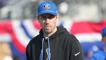 Dec 29, 2024; East Rutherford, New Jersey, USA; Indianapolis Colts head coach Shane Steichen prior to a game against the New York Giants at MetLife Stadium. Mandatory Credit: Robert Deutsch-Imagn Images
