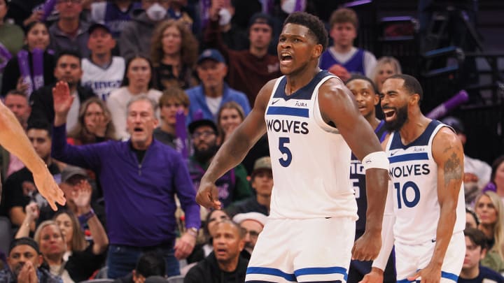 Dec 23, 2023; Sacramento, California, USA; Minnesota Timberwolves guard Anthony Edwards (5) celebrates after a basket against the Sacramento Kings during the fourth quarter at Golden 1 Center. Mandatory Credit: Kelley L Cox-USA TODAY Sports