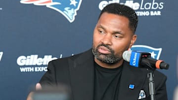 Jan 17, 2024; Foxborough, MA, USA; New England Patriots head coach Jerod Mayo answers questions from