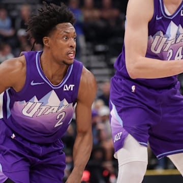 Mar 25, 2025; Salt Lake City, Utah, USA;  Utah Jazz guard Collin Sexton (2) controls the ball during the first quarter against the Memphis Grizzlies at Delta Center. Mandatory Credit: Chris Nicoll-Imagn Images