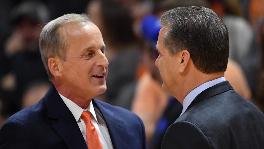 Jan 6, 2018; Knoxville, TN, USA; Tennessee Volunteers head coach Rick Barnes and Kentucky Wildcats head coach John Calipari before the game at Thompson-Boling Arena. Mandatory Credit: Randy Sartin-Imagn Images