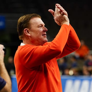 Mar 23, 2024; Omaha, NE, USA; Illinois Fighting Illini head coach Brad Underwood gestures after the game against the Duquesne Dukes of the second round of the 2024 NCAA Tournament at CHI Health Center Omaha. Mandatory Credit: Dylan Widger-USA TODAY Sports