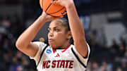Mar 28, 2025; Spokane, WA, USA; NC State Wolfpack guard Zamareya Jones (3) shoots during the first half of a Sweet 16 NCAA Tournament basketball game against the LSU Lady Tigers at Spokane Arena. Mandatory Credit: James Snook-Imagn Images