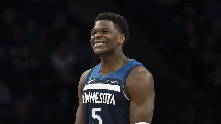 Feb 11, 2026; Minneapolis, Minnesota, USA; Minnesota Timberwolves guard Anthony Edwards (5) celebrates Minnesota Timberwolves forward Julius Randle (not pictured) making a shot against the Portland Trail Blazers in the second half at Target Center. Mandatory Credit: Jesse Johnson-Imagn Images