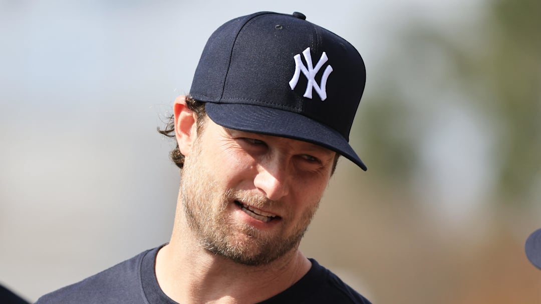 Feb 12, 2026; Tampa, FL, USA;  New York Yankees pitcher Gerrit Cole (45) works out during spring training workouts at George M. Steinbrenner Field. Mandatory Credit: Kim Klement Neitzel-Imagn Images