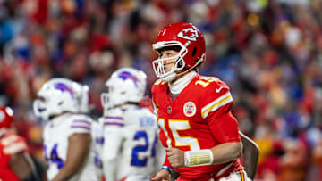 Jan 26, 2025; Kansas City, MO, USA; Kansas City Chiefs quarterback Patrick Mahomes (15) against the Buffalo Bills during the AFC Championship game at GEHA Field at Arrowhead Stadium. Mandatory Credit: Mark J. Rebilas-Imagn Images