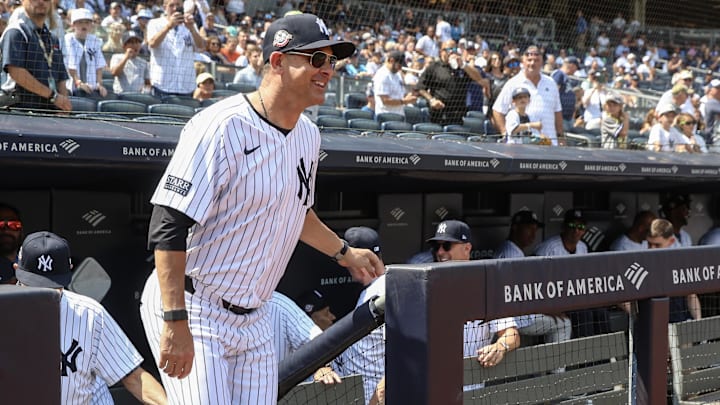 Aug 24, 2024; Bronx, New York, USA;  New York Yankees manager Aaron Boone (17) at Yankee Stadium. Mandatory Credit: Wendell Cruz-Imagn Images