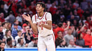 Jan 11, 2025; New York, New York, USA;  St. John's Red Storm guard Simeon Wilcher (7) celebrates in the second half against the Villanova Wildcats at Madison Square Garden. Mandatory Credit: Wendell Cruz-Imagn Images