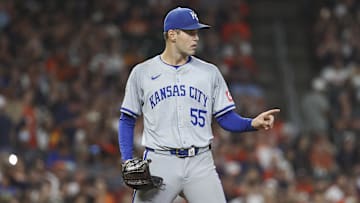 Aug 31, 2024; Houston, Texas, USA; Kansas City Royals starting pitcher Cole Ragans (55) reacts after a play during the sixth inning against the Houston Astros at Minute Maid Park. Mandatory Credit: Troy Taormina-Imagn Images