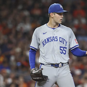 Aug 31, 2024; Houston, Texas, USA; Kansas City Royals starting pitcher Cole Ragans (55) reacts after a play during the sixth inning against the Houston Astros at Minute Maid Park. Mandatory Credit: Troy Taormina-Imagn Images