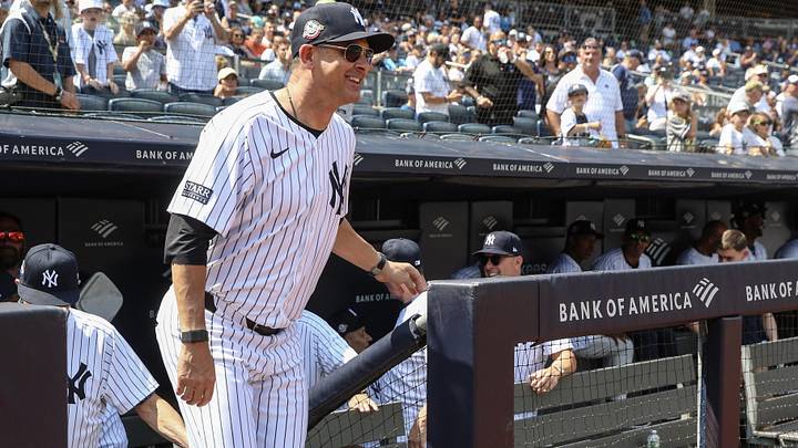Aug 24, 2024; Bronx, New York, USA;  New York Yankees manager Aaron Boone (17) at Yankee Stadium. Mandatory Credit: Wendell Cruz-Imagn Images