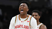 Mar 15, 2025; Indianapolis, IN, USA; Maryland Terrapins center Derik Queen (25) celebrates after a play during the second half against the Michigan Wolverines at Gainbridge Fieldhouse. Mandatory Credit: Robert Goddin-Imagn Images