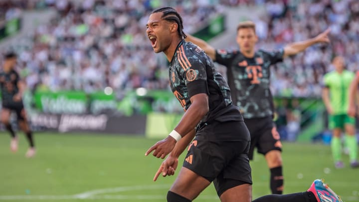 Serge Gnabry celebrating after scoring the winner for Bayern Munich away at Wolfsburg in the first Bundesliga game of the season.