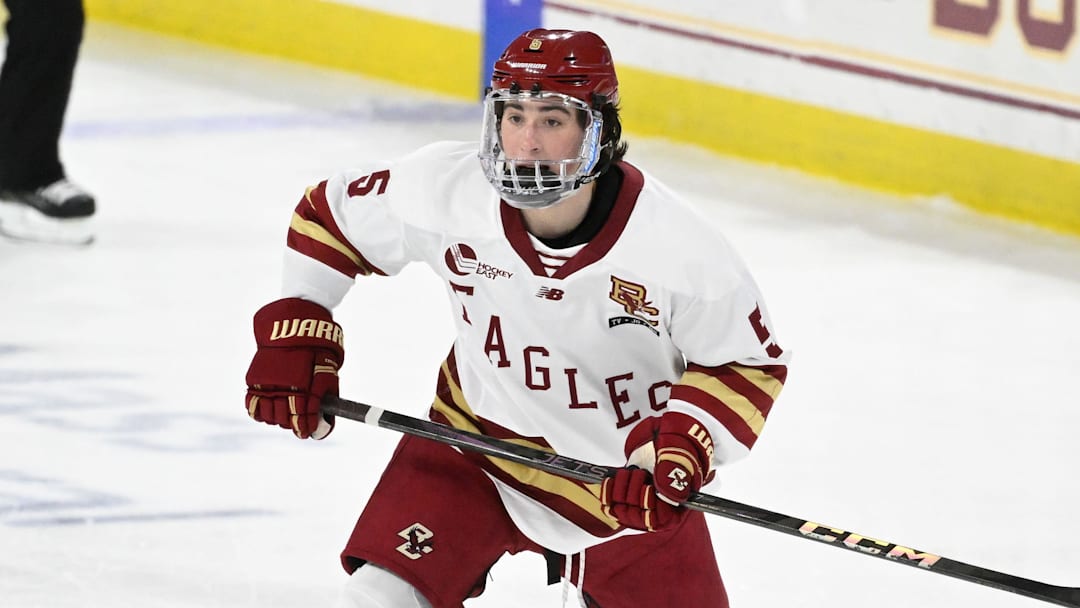 Feb 28, 2025; Chestnut Hill, MA, USA; Boston College defenseman Drew Fortescue (5) skates against the University of New Hampshire Wildcats during the first period at Conte Forum. Mandatory Credit: Eric Canha-Imagn Images