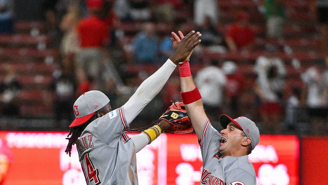 Jul 24, 2026; St. Louis, Missouri, USA; Cincinnati Reds shortstop Elly de la Cruz (44) celebrates with left fielder JJ Bleday (22) after the Reds defeated the St. Louis Cardinals at Busch Stadium. Mandatory Credit: Jeff Curry-Imagn Images Jul 24, 2026; St. Louis, Missouri, USA; Cincinnati Reds shortstop Elly de la Cruz (44) celebrates with left fielder JJ Bleday (22) after the Reds defeated the St. Louis Cardinals at Busch Stadium. Mandatory Credit: Jeff Curry-Imagn Images