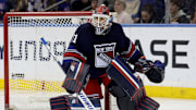 Dec 6, 2024; New York, New York, USA; New York Rangers goaltender Igor Shesterkin (31) tends net against the Pittsburgh Penguins during the second period at Madison Square Garden. Mandatory Credit: Brad Penner-Imagn Images
