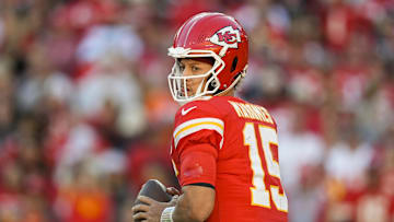 Nov 10, 2024; Kansas City, Missouri, USA; Kansas City Chiefs quarterback Patrick Mahomes (15) drops back to pass during the second half against the Denver Broncos at GEHA Field at Arrowhead Stadium. Mandatory Credit: Jay Biggerstaff-Imagn Images