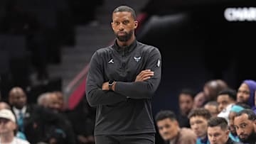 Apr 4, 2025; Charlotte, North Carolina, USA; Charlotte Hornets head coach Charles Lee during the first quarter against the Sacramento Kings at Spectrum Center. Mandatory Credit: Jim Dedmon-Imagn Images