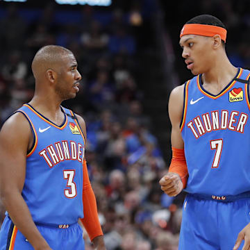 Jan 18, 2020; Oklahoma City, Oklahoma, USA; Oklahoma City Thunder guard Chris Paul (3) talks with forward Darius Bazley (7) during a break in play against the Portland Trail Blazers in the second half at Chesapeake Energy Arena. Oklahoma City won 119-106. Mandatory Credit: Alonzo Adams-Imagn Images