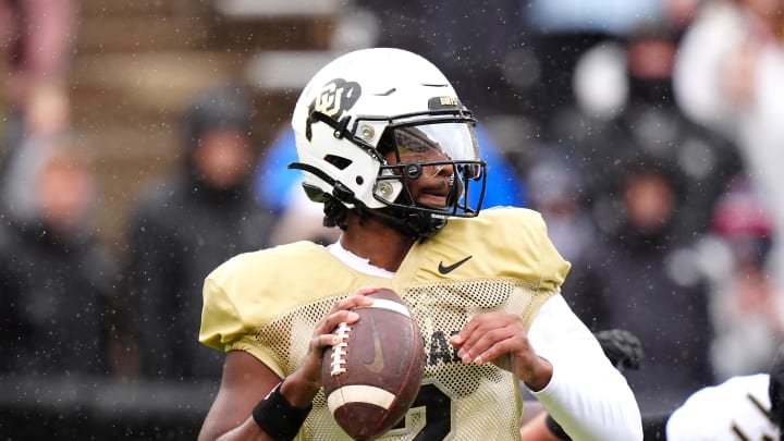 Apr 27, 2024; Boulder, CO, USA; Colorado Buffaloes quarterback Shedeur Sanders (2) during a spring game event at Folsom Field. Mandatory Credit: Ron Chenoy-USA TODAY Sports