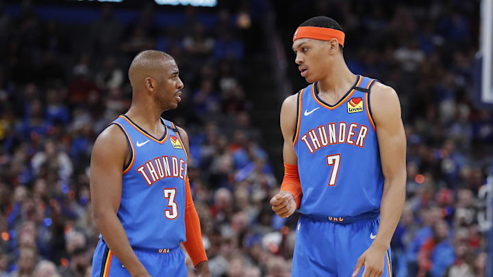 Jan 18, 2020; Oklahoma City, Oklahoma, USA; Oklahoma City Thunder guard Chris Paul (3) talks with forward Darius Bazley (7) during a break in play against the Portland Trail Blazers in the second half at Chesapeake Energy Arena. Oklahoma City won 119-106. Mandatory Credit: Alonzo Adams-Imagn Images