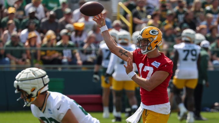 Green Bay Packers quarterback Michael Pratt (17) passes the ball during the first day of training camp on Monday, July 22, 2024, at Ray Nitschke Field in Green Bay, Wis.