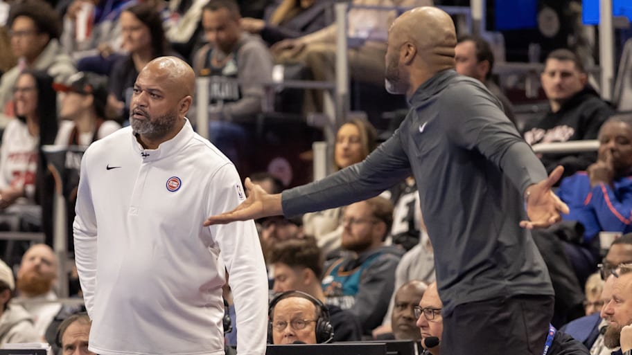 Detroit Pistons head coach J.B. Bickerstaff reacts with Orlando Magic head coach Jamahl Mosley.