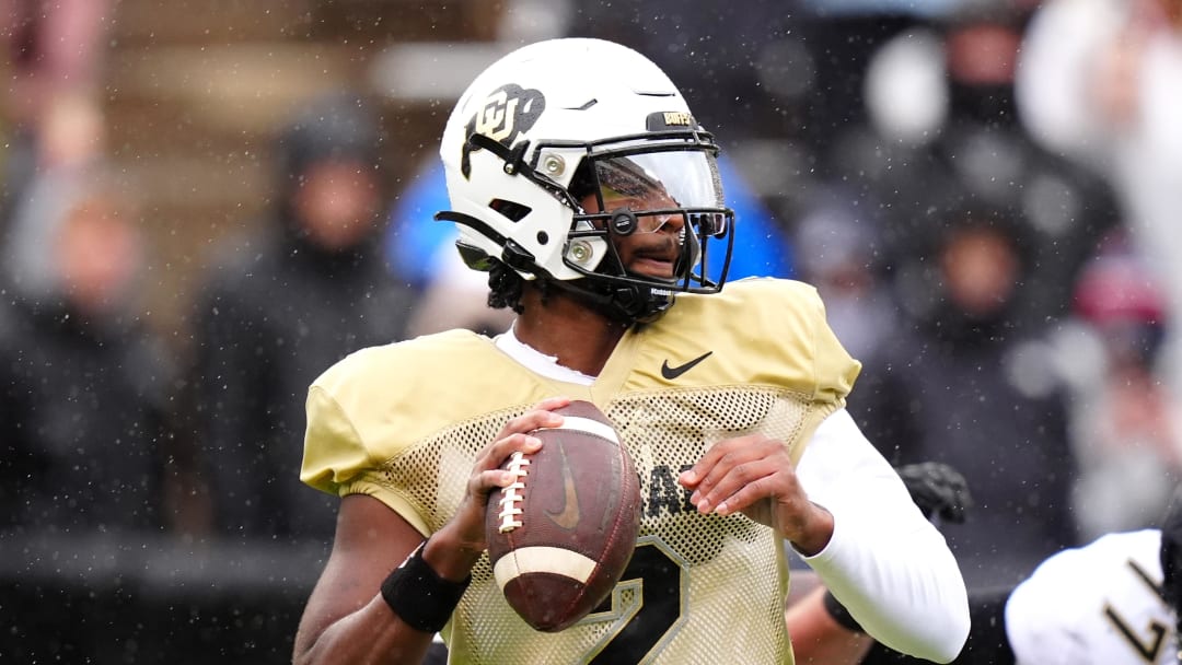 Apr 27, 2024; Boulder, CO, USA; Colorado Buffaloes quarterback Shedeur Sanders (2) during a spring game event at Folsom Field. Mandatory Credit: Ron Chenoy-USA TODAY Sports