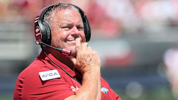 Sep 2, 2023; Little Rock, Arkansas, USA; Arkansas Razorbacks head coach Sam Pittman during the second half against the Western Carolina Catamounts at War Memorial Stadium. Mandatory Credit: Nelson Chenault-Imagn Images