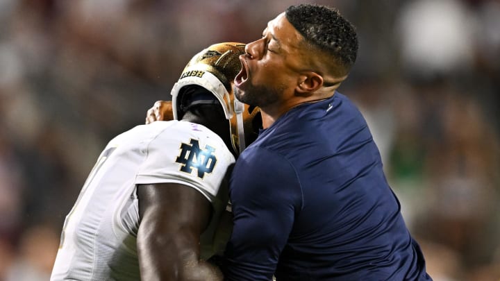 Aug 31, 2024; College Station, Texas, USA; Notre Dame Fighting Irish head coach Marcus Freeman reacts in the fourth quarter against the Texas A&M Aggies at Kyle Field. 