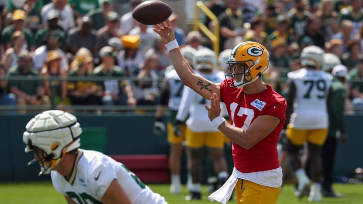 Green Bay Packers quarterback Michael Pratt (17) passes the ball during the first day of training camp on Monday, July 22, 2024, at in Green Bay, Wis. 