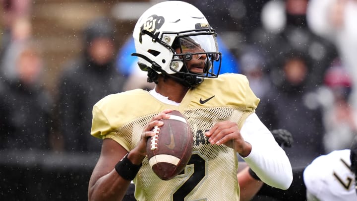 Apr 27, 2024; Boulder, CO, USA; Colorado Buffaloes quarterback Shedeur Sanders (2) during a spring game event at Folsom Field.