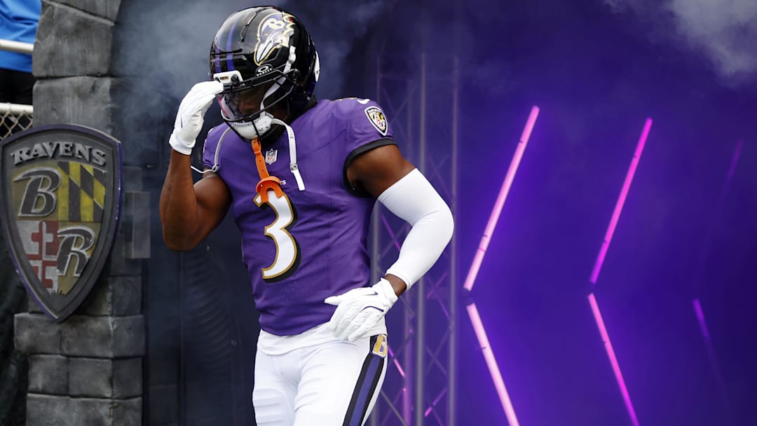 Dec 7, 2025; Baltimore, Maryland, USA; Baltimore Ravens cornerback Chidobe Awuzie (3) runs onto the field before the game against the Pittsburgh Steelers at M&T Bank Stadium. Mandatory Credit: Peter Casey-Imagn Images