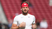 Sep 28, 2025; Santa Clara, California, USA; San Francisco 49ers wide receiver Ricky Pearsall (1) before the game against the Jacksonville Jaguars at Levi's Stadium. Mandatory Credit: Darren Yamashita-Imagn Images