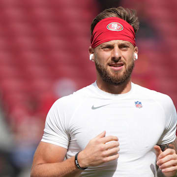 Sep 28, 2025; Santa Clara, California, USA; San Francisco 49ers wide receiver Ricky Pearsall (1) before the game against the Jacksonville Jaguars at Levi's Stadium. Mandatory Credit: Darren Yamashita-Imagn Images