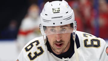Apr 30, 2025; Tampa, Florida, USA; Florida Panthers center Brad Marchand (63) works out during warmups against the Tampa Bay Lightning prior to to game five of the first round of the 2025 Stanley Cup Playoffs at Amalie Arena. Mandatory Credit: Kim Klement Neitzel-Imagn Images