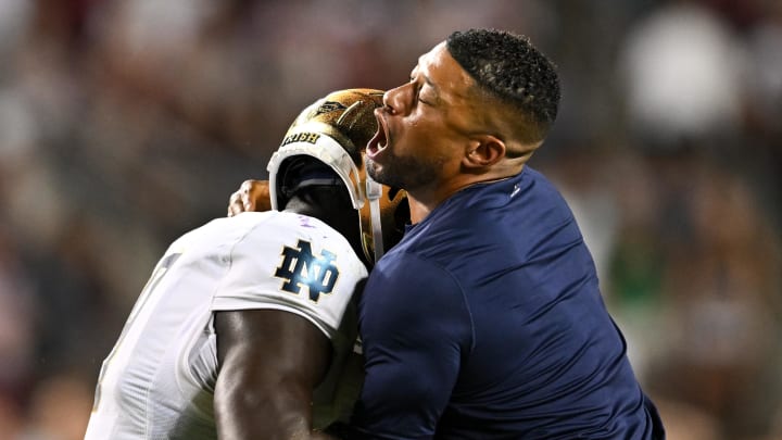 Aug 31, 2024; College Station, Texas, USA; Notre Dame Fighting Irish head coach Marcus Freeman reacts in the fourth quarter against the Texas A&M Aggies at Kyle Field. Mandatory Credit: Maria Lysaker-USA TODAY Sports