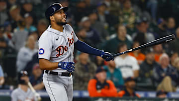 Oct 4, 2022; Seattle, Washington, USA; Detroit Tigers designated hitter Jeimer Candelario (46) hits an RBI-sacrifice fly against the Seattle Mariners during the third inning at T-Mobile Park.