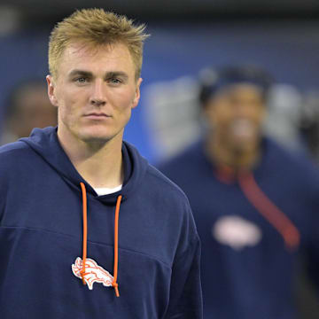 Dec 19, 2024; Inglewood, California, USA;  Denver Broncos quarterback Bo Nix (10) warms up prior to the game against the Los Angeles Chargers at SoFi Stadium. Mandatory Credit: Jayne Kamin-Oncea-Imagn Images