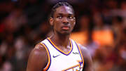 Oct 14, 2025; Phoenix, Arizona, USA; Phoenix Suns forward Rasheer Fleming (20) against the Los Angeles Lakers during an NBA preseason game at Mortgage Matchup Center. Mandatory Credit: Mark J. Rebilas-Imagn Images