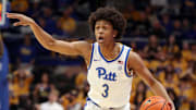 Feb 3, 2025; Pittsburgh, Pennsylvania, USA;  Pittsburgh Panthers guard Brandin Cummings (3) calls out a play against the Virginia Cavaliers during the first half at the Petersen Events Center. Mandatory Credit: Charles LeClaire-Imagn Images