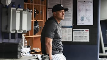 Jul 30, 2025; Bronx, New York, USA;  New York Yankees manager Aaron Boone (17) at Yankee Stadium. Mandatory Credit: Wendell Cruz-Imagn Images
